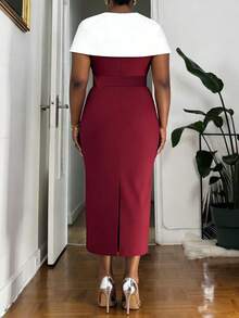 Elegant Contrast Color V-Neck Midi Dress With Waist Belt, Knitted Fabric, Side Slit, Suitable For Daily Wear, Formal Occasions, Office, Dates, Weddings, Spring & Autumn - Multicolor - View 3