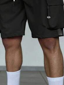 Men's Cool Multi-Pocket Design With Drawstring Accent, Straight Leg Flattering Cargo Shorts,Bermuda Shorts - Black - View 3