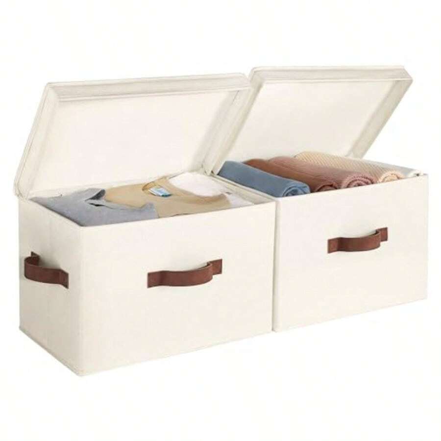 Fabric Storage Boxes with Lid Large Durable Storage Baskets with Handles Foldable Storage Boxes for Clothes Ivory White Pack of 2 - Elfenbeinweiß - Übersicht 1