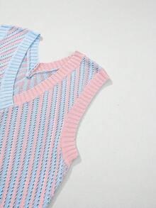 Acelitt 女款無袖V領藍色條紋羊毛針織休閒背心，時尚百搭，適合夏季度假 - 淺藍色 - 查看 7