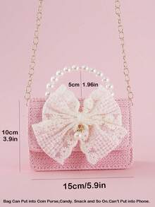 1pc Large Size Beaded Bow Decor PU Straw Material Flap Closure Casual Beaded Handbag Chain Shoulder Bag Fashion Snack & Coin Purse, Suitable For Holidays And Daily Use - Pink Straw Beaded Bow - View 6