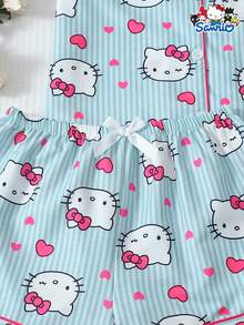 SANRIO Women's Pajama Set, Striped Heart Print Short Sleeve Pocket Top And Bow Shorts Casual Loungewear - Màu xanh lam - Xem 6