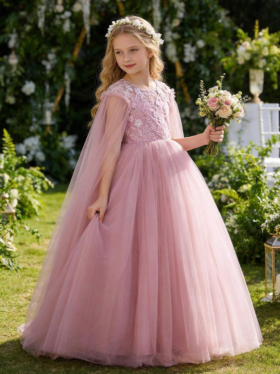 Tween Girl Elegant Lace Trim Bow Back Deep V Mesh Flower Girl Princess Dress, Suitable For Children's Birthday Party, Wedding, Prom, Holiday Occasions