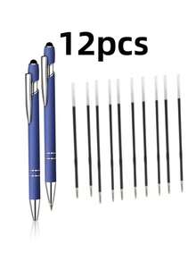 Bộ 12 bút bi màu xanh dương (2 bút bi kèm 10 ruột bút) - Bút bi kim loại có thể thu gọn, màu trung tính, tích hợp chức năng cảm ứng màn hình, dùng cho văn phòng. - Ruột bút mực đen - Xem 7
