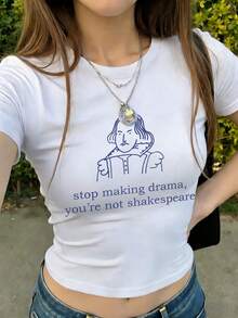 1pc Women's Summer Fitted Round Neck Short Sleeve T-Shirt, Cartoon Character English Graphic Print - White - View 1