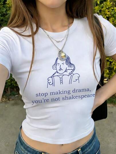 1pc Women's Summer Fitted Round Neck Short Sleeve T-Shirt, Cartoon Character English Graphic Print