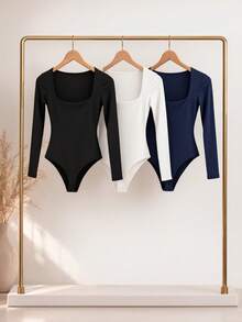 Kit 1, 3 Bodysuits, Women's Shaping Bodysuit, Second Skin Style, Square Neckline, Long Sleeves, Basic, High Fashion, Versatile, Elegant, Blogger Style - 黑白海軍藍 - 查看 1