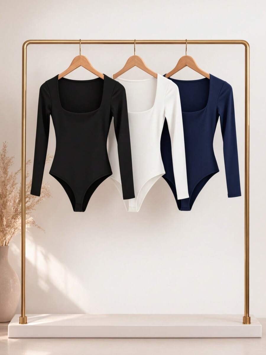 Kit 1, 3 Bodysuits, Women's Shaping Bodysuit, Second Skin Style, Square Neckline, Long Sleeves, Basic, High Fashion, Versatile, Elegant, Blogger Style - 黑白海軍藍 - 查看 1