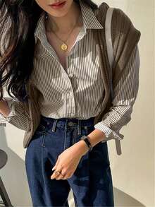 休閒長袖條紋鈕扣襯衫，復古優雅女款上衣/上衣，適合春季/夏季，假期/情人節 - 咖色 - 查看 5