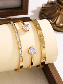 Bộ 3 món/set/ 1 chiếc vòng tay hình trái tim bằng thép không gỉ mạ vàng 18K kèm hạt thủy tinh hợp kim 18cm, trang sức thời trang phù hợp cho nữ đeo hàng ngày và làm quà tặng. - Vàng 2 - Xem 7