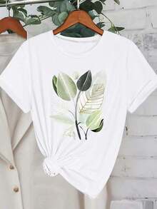 Howell 2026 Short Sleeve T-Shirt, Summer Plant And Beach Print, Casual Cartoon Design, Women's Basic T-Shirt, White Travel T-Shirt, Summer Outfit For Women. - trắng - Xem 7