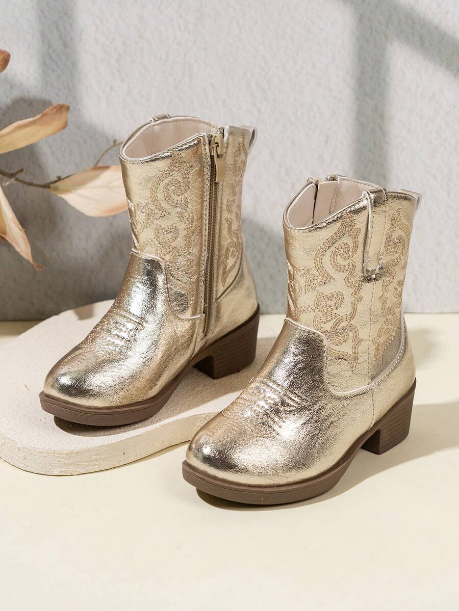 NILOSH 1 Pair Children's Embroidered PU Leather TPR Sole Mid-Calf Boots, Fashionable Spring/Autumn Style - Gold - View 1