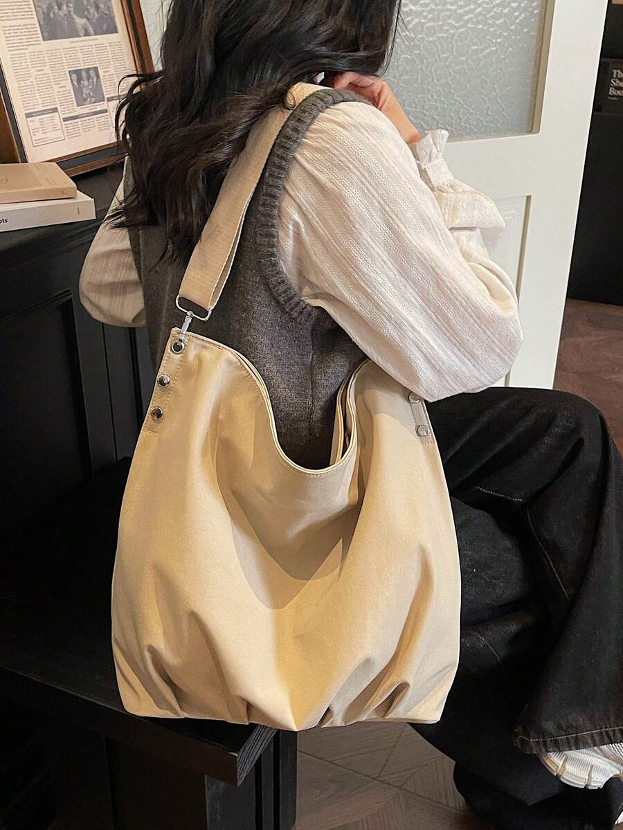 1 Piece Beige Soft Foldable Canvas Large Capacity Open Top Hobo Bag For Women & Daily Commute