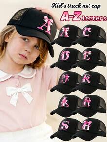 1pc White Truck Driver Mesh Cap, A-Z Bow Letter Print Baseball Cap, Adjustable Size Suitable For 3-8Y Boys & Girls, Suitable For Kids Back To School - Black - View 3