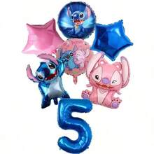 Stitch Themed Birthday Number Balloon Set, Includes Blue Number Foil Balloons And Angel Character Decorations, Suitable For Cartoon Party Celebrations, Friend Gatherings - Multicolor - View 13
