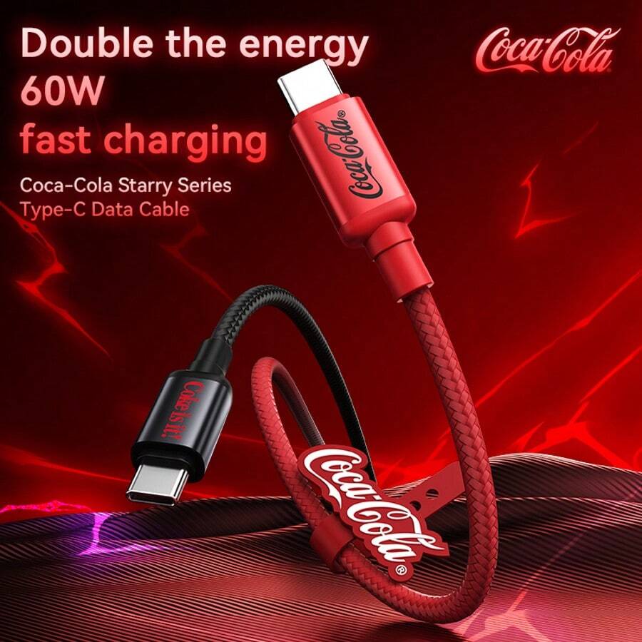 Coca-Cola C16 Starry Series 60W USB C To C Data Cable, [1m/3.3ft] Nylon Braided Fast Charging Cable, 480Mbps Data Transfer, Type-C To Type-C Charging Cable - Black and Red - View 1
