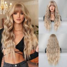 NICKY WALL Blonde Ombre Wavy Wigs For Women Light Gold Long Loose Wave Wigs With Natural Bangs Synthetic Natural Curly Heat Resistant Fiber Hair Wigs For Girls Party Daily Use 28 Inch - Blonde Ombre - View 12