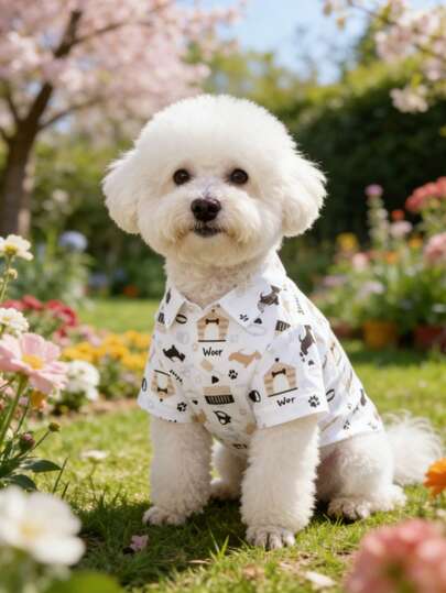 Pet Shirt, Featuring Classic Pet Elements Such As Dog Silhouette, Paw Print, And Bone Prints, Lightweight And Breathable, Gentleman Casual Style, A Best-Selling Pet Product Popular In Europe And America