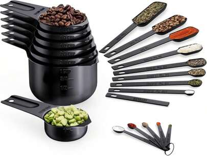 Wildone Black Measuring Cups &Amp; Spoons Set Of 21 - Includes 7 Stainless Steel Nesting Measuring Cups, 8 Measuring Spoons, 1 Leveler &Amp; 5 Mini Measuring Spoons, Ideal For Dry &Amp; Liquid Ingredients