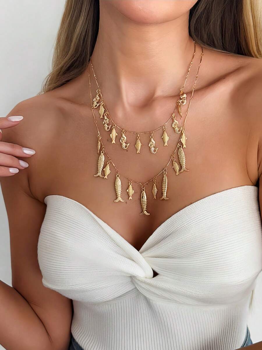 Bộ 2 mặt dây chuyền hình nàng tiên cá và cá nhiệt đới phong cách Bohemian cổ điển, có tua rua, thích hợp đeo hàng ngày và đi nghỉ mát. - Nhiều màu - Xem 1