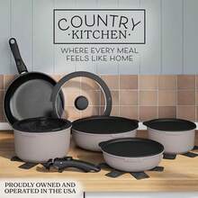 Country Kitchen - Juego de ollas y sartenes de 16 piezas utensilios de cocina antiadherentes seguros con mango extraíble suave al tacto juego de utensilios de cocina para RV apto para horno - Asas de madera gris/negro - Ver 2
