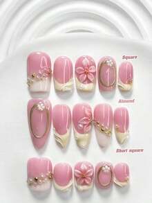 10pcs/Set Valentine's Day Handmade Nail Art Kit, Includes White Flower & Bow Decor, White & Red Gel Nails, French Polka Stickers, Heart Painting, Silver Beads Embedded, 3 Sizes Available: Almond/Square/Coffin Shape, With Set, Suitable Sweet Ladies & Girls, Valentine's Day/Party/Daily Wear Nail Supplies Handmade Press On Nails - 多色 20 - 查看 13