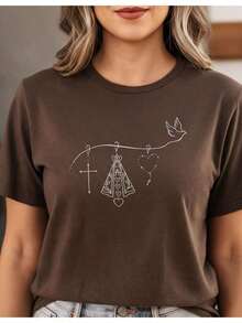 Camisa Camiseta Lançamento Estampada Algodão Nossa Senhora Mãe De Deus Paz Religiosa - Marrom - Visão 3