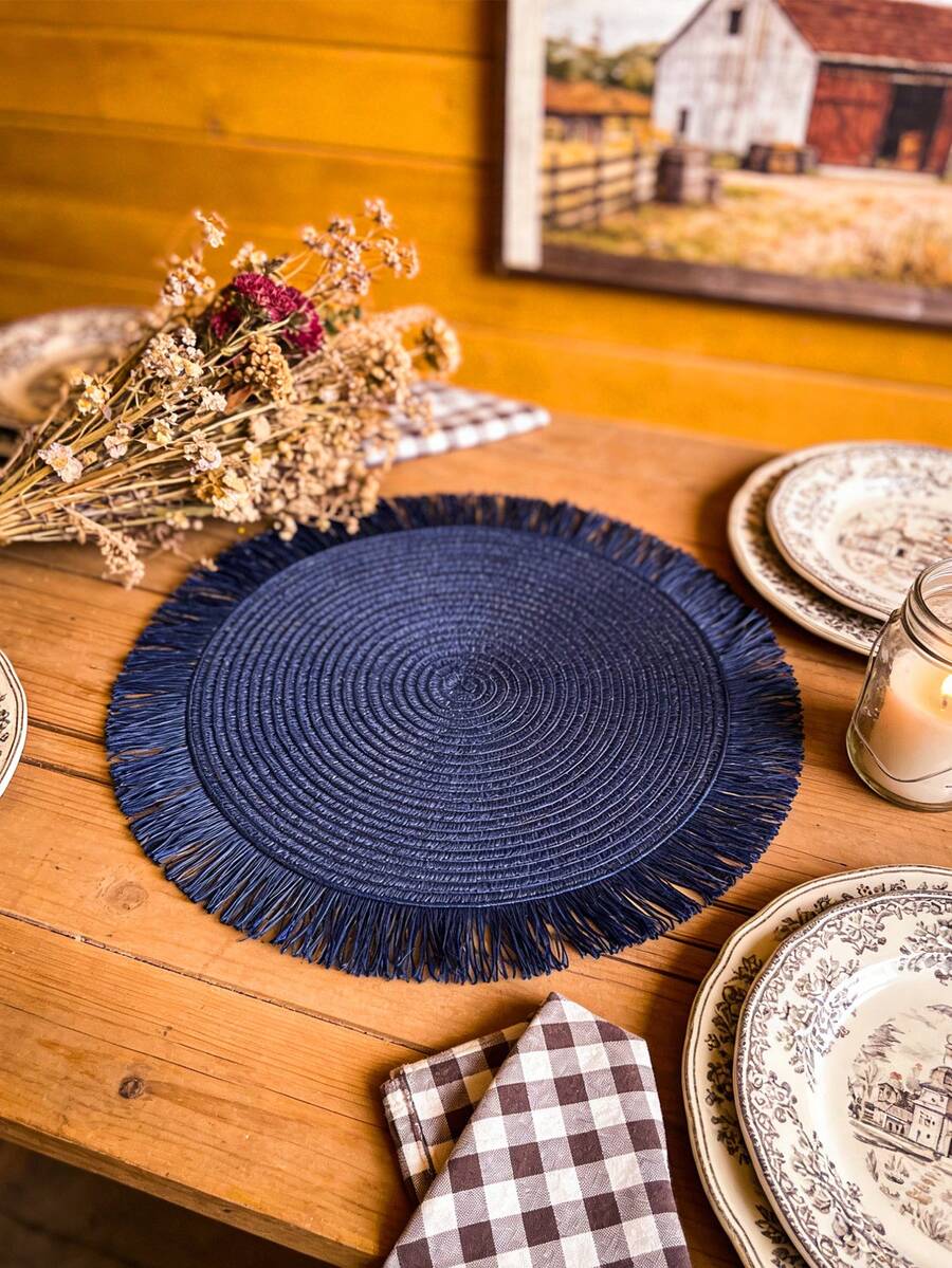 1/2/4pcs Set Natural Woven Placemats, Bohemian Style, Suitable For Kitchen, Dining Table, Indoor/Outdoor Use, Washable, Heat-Resistant, Easy To Wipe, Suitable For Camping, Holidays, Weddings, Parties - Blue - View 1