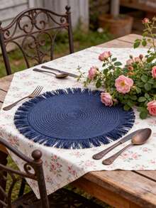 1/2/4pcs Set Natural Woven Placemats, Bohemian Style, Suitable For Kitchen, Dining Table, Indoor/Outdoor Use, Washable, Heat-Resistant, Easy To Wipe, Suitable For Camping, Holidays, Weddings, Parties - Blue - View 3