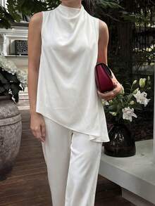 White High Neck Asymmetric Top And Wide Leg Pants Set, Elegant Office And Event Wear - White - View 2