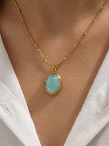 1pc Oval Pendant Necklace, Suitable For Women's Daily Wear And Gift - Gold - View 4