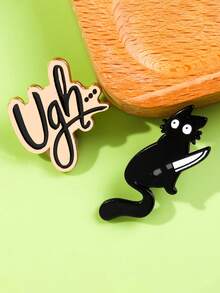 2件套趣味小众黑猫持刀胸针，Ugh字母设计，个性化表达时尚配饰徽章套装 - 彩色 - 查看 6