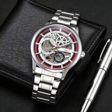 LONGLUX 1 chiếc đồng hồ cơ nam rỗng, chống nước, khóa bướm, dây thép, quà tặng thời trang - Bạc - Xem 1