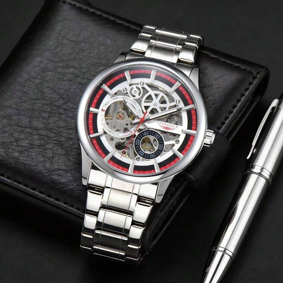 LONGLUX 1 chiếc đồng hồ cơ nam rỗng, chống nước, khóa bướm, dây thép, quà tặng thời trang - Bạc - Xem 1