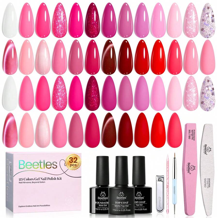 Beetles 20 Colors Cat Eye Gel Nail Polish Set - Glitter Red Green Blue Brown Black, Magnetic Base & Matte Glossy Top Coat, Galaxy Gemlight Soak Off UV Manicure Salon Gift For Women - 25 Colors Love's Prism - 查看 1