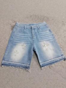 High Street Full Diamond New Hip-Hop Cross Straight Hot Diamond Denim Shorts Five-Point Jeans - Azul - Ver 1