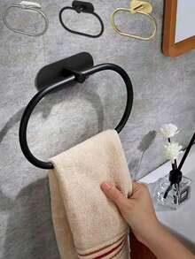 Toallero sin taladro para baño, anillo toallero de acero inoxidable, barra toallera, toallero de tela mate negro, gancho toallero de alta resistencia, soporte para toalla de mano, organizador de almacenamiento para baño, accesorios de ferretería, plata y oro, resistente al agua - Ver 11
