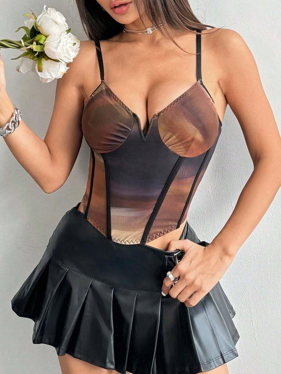 Luna Muse Women's Spring/Summer New Tie Dye Camisole Bustier Crop Top, Y2K Sexy Bombshell Fitted Shapewear Bralette, Chic High-End Sleeveless Tank Top, Suitable For Daily, Casual, Date, Street, Party, Music Festival, Valentine's Day, Punk Style, Performance - Rust Brown - View 1