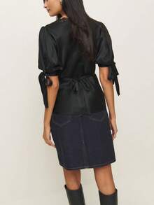 Womens Summer Satin Tops Lace Patchwork Short Puff Sleeves V-Neck Blouse With Adjustable Ribbon Ties - Black - View 4