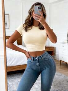 Womens Short Sleeve T Shirts Summer Crop Tops Basic Slim Fit Gym Workout Y2k Clothes - Rượu sâm banh - Xem 1