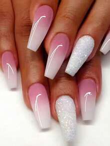 Nâng tầm diện mạo của bạn với bộ móng tay giả dài hình quan tài, màu hồng nhạt ánh nhũ lấp lánh, thời trang dành cho các cô nàng cá tính, phù hợp cho tiệc tùng, dạ hội hoặc sử dụng hàng ngày. - Màu Hồng baby - Xem 7