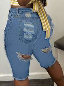 Women's Casual Washed Distressed Skinny Denim Shorts Summer - Light Wash - View 3