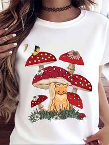 Women Casual Short Sleeve T Shirt Mushroom And Cat Print Summer Outdoor Wear , 220g - trắng - Xem 2