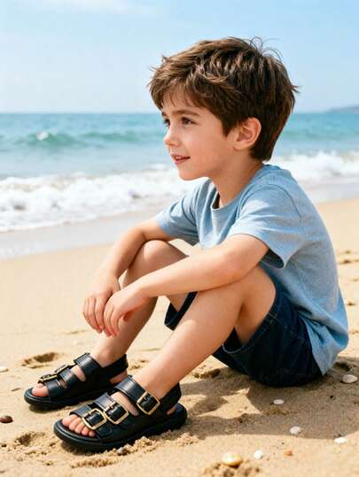 1 Paar neue Jungen Casual Doppelschicht Sandalen, aus hochwertigem PU-Material mit dekorativem Schnallenverschluss und Klettverschluss für einfaches An- und Ausziehen, bequemes und modisches Profil. Verstellbare Schnürsenkel für den Sommertrag, geeignet für Casual- und Formalbekleidung, strapazierfähiges Doppelsohlen-Design mit Einlegesohle, ideal für Jungen im Alter von 3-15 Jahren für den täglichen Casual-Wear, Sommerfeste, Casual- und Formalgelegenheiten