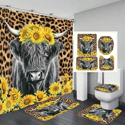 1件/4件套动物向日葵图案多功能浴室装饰浴帘套装，配有12个挂钩，优雅假日氛围，包含浴垫、U型垫和圆形马桶垫，适用于各种浴室装饰风格。