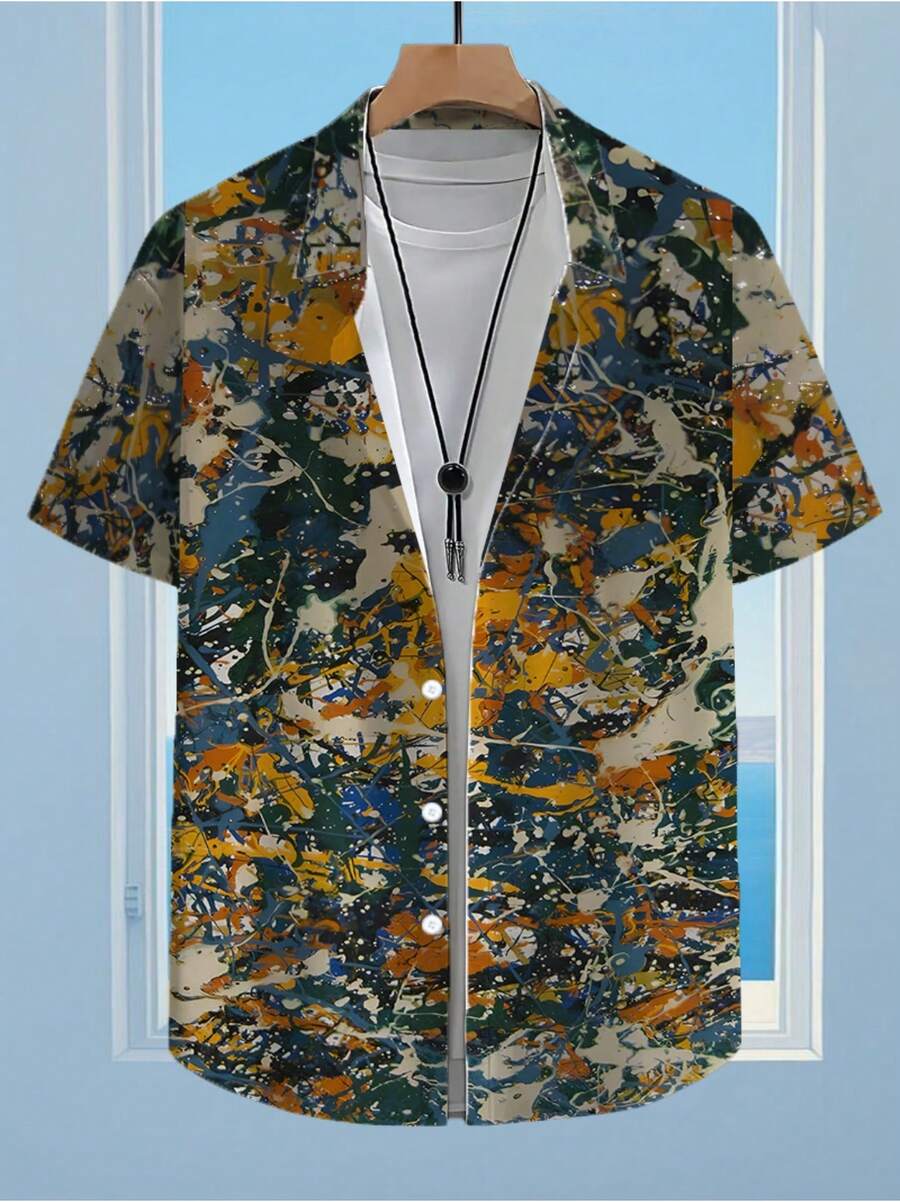 Abstract Paint Splash Pattern Symbolizing Bold Creativity And Chaotic Artistic Freedom 3D Printed Casual Short Sleeve Button Down Mens Shirt Stylish Summer Top - White - View 1