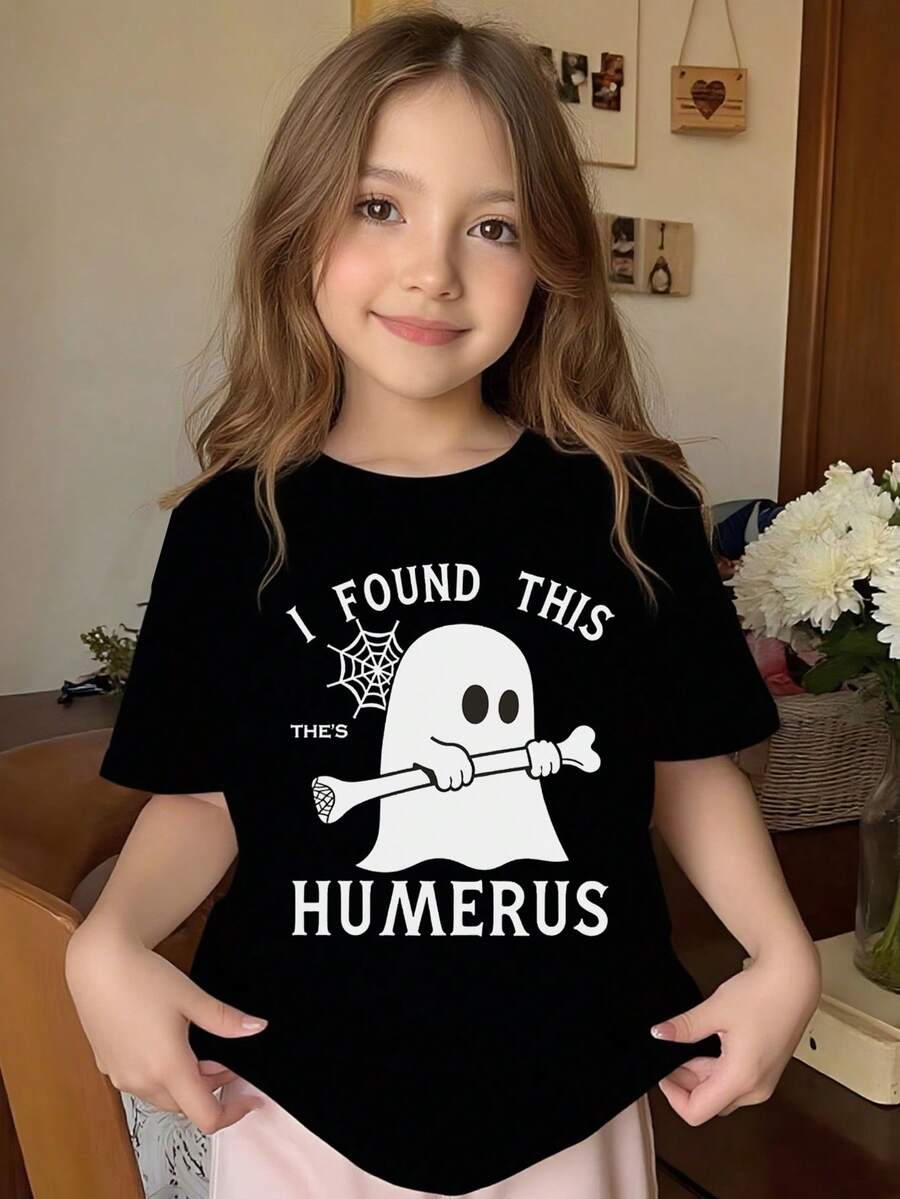 Camisetas de algodón 100% con estampado gráfico vintage y temática divertida de fantasmas para niñas, ropa moderna y linda con estampado único para niñas, camisetas negras de estilo casual para verano con estampado de esqueleto humorístico, ropa de otoño para niñas, camisetas Kpop, regalos para Halloween, camisetas de manga corta para jugar al aire libre y atuendo casual, camisetas Mas Tour para preadolescentes, vestidos para adolescentes. - Negro - Ver 1