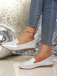 Gold & Silver Matte Pointed Toe Slip-On Shoes, New Spring Soft Casual Comfortable Flat Shoes, Large Size Suitable For Work, Casual Wear, Bow Decor, All Season - Silver - View 3