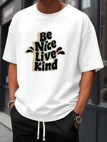 Męska koszulka z nadrukiem "Be Nice Live Kind" wykonana z miękkiej bawełny, wygodna, swobodna i przewiewna. - Biały - Zobacz 1
