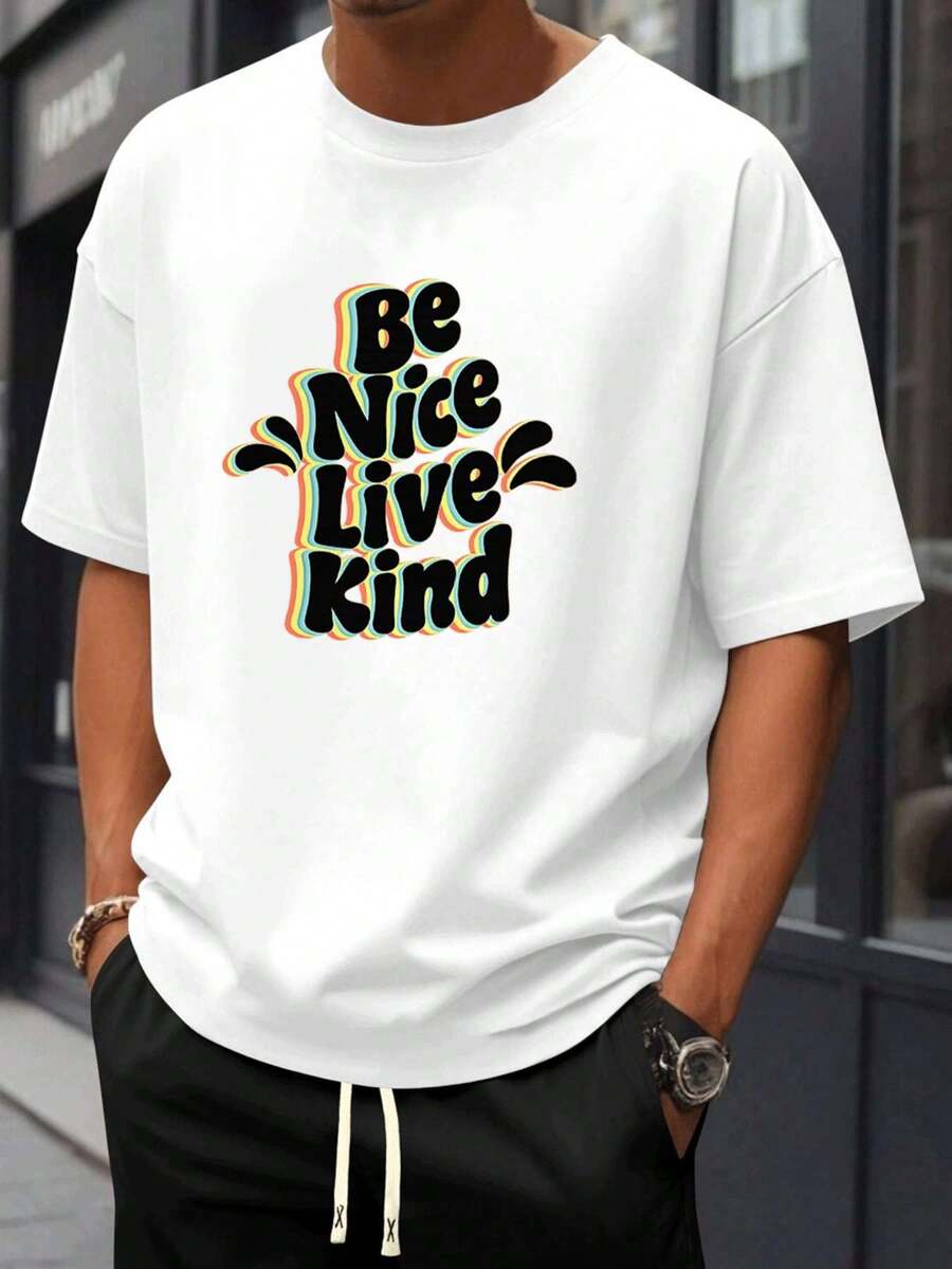 Męska koszulka z nadrukiem "Be Nice Live Kind" wykonana z miękkiej bawełny, wygodna, swobodna i przewiewna. - Biały - Zobacz 1